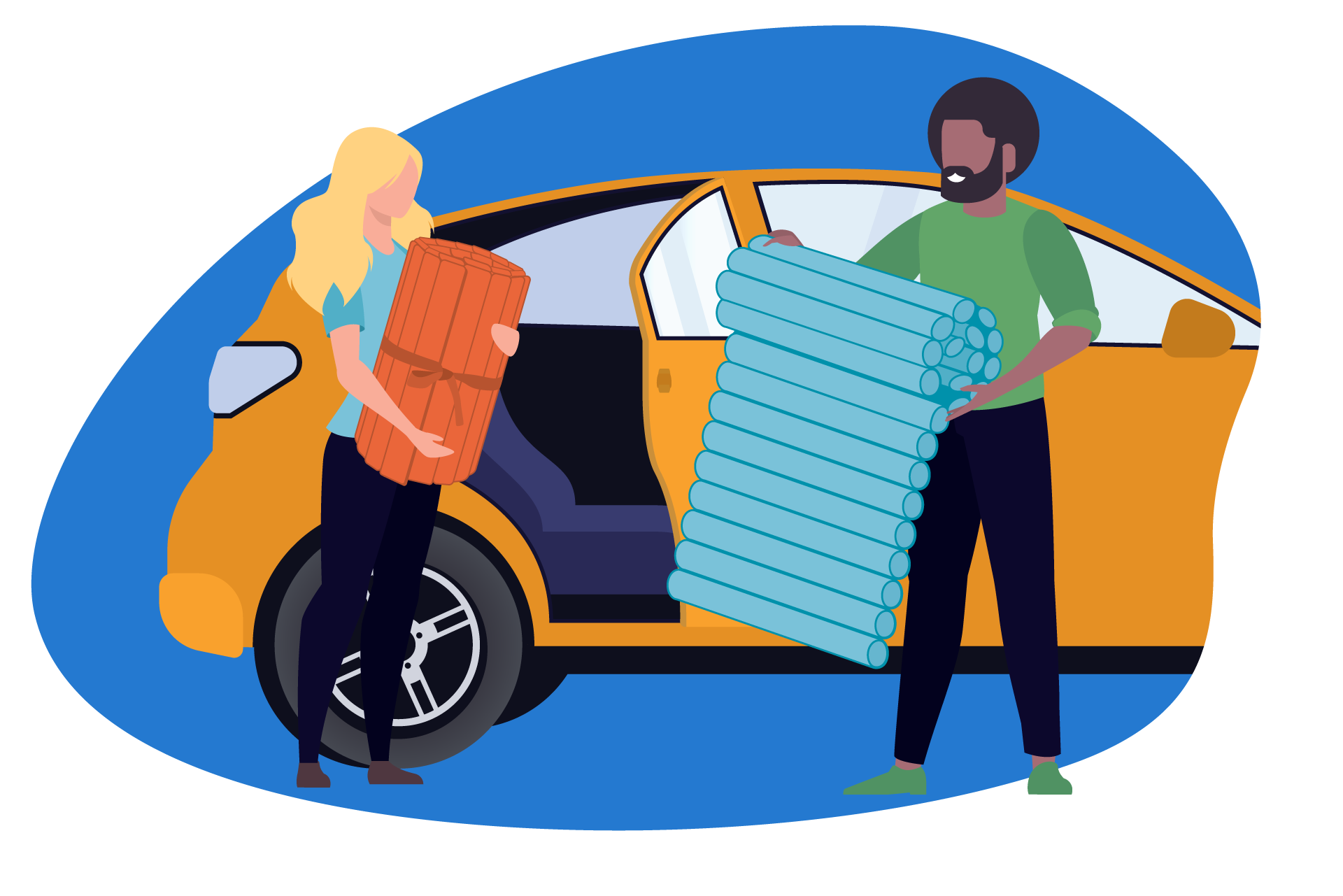 Ilustração de duas pessoas a enrolar colchões portáteis para viajar.